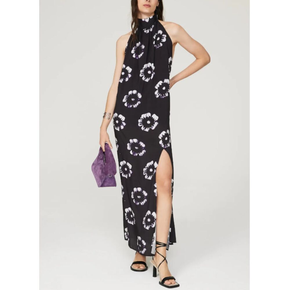 Busayo Women's Size Small Black Floral Halter Maxi Dress Open Back